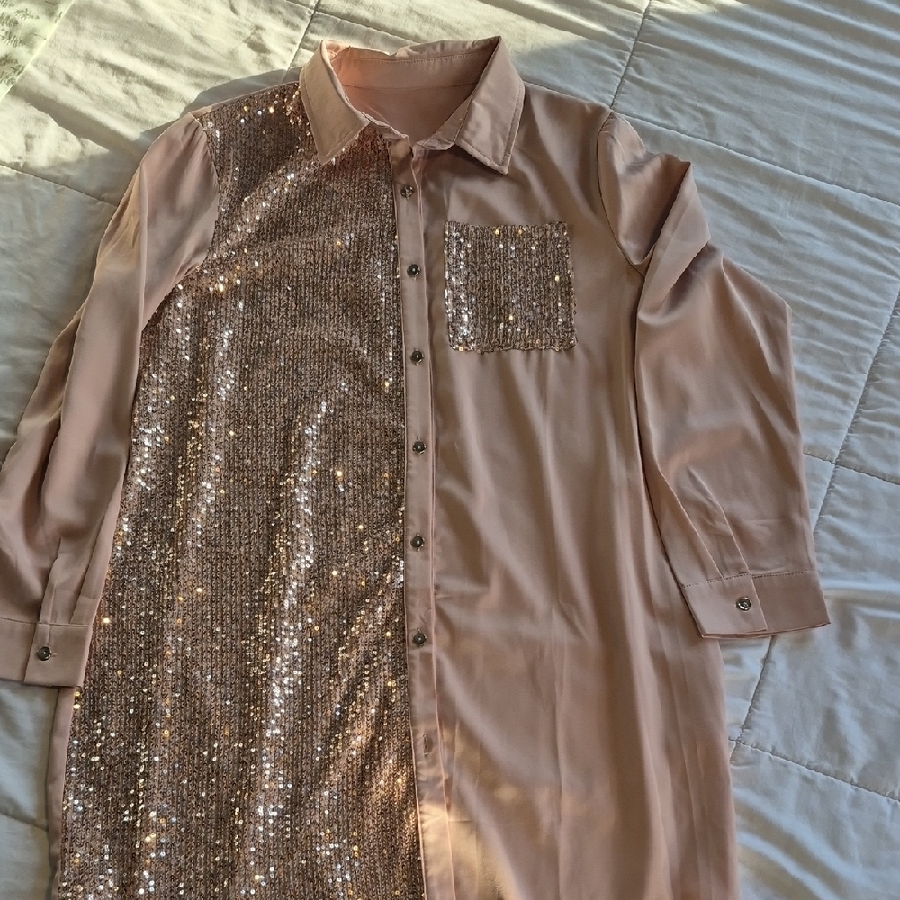 Brand NEW, Never Worn Sequin Embellished Womans Shirt Dress in Dusty Pink